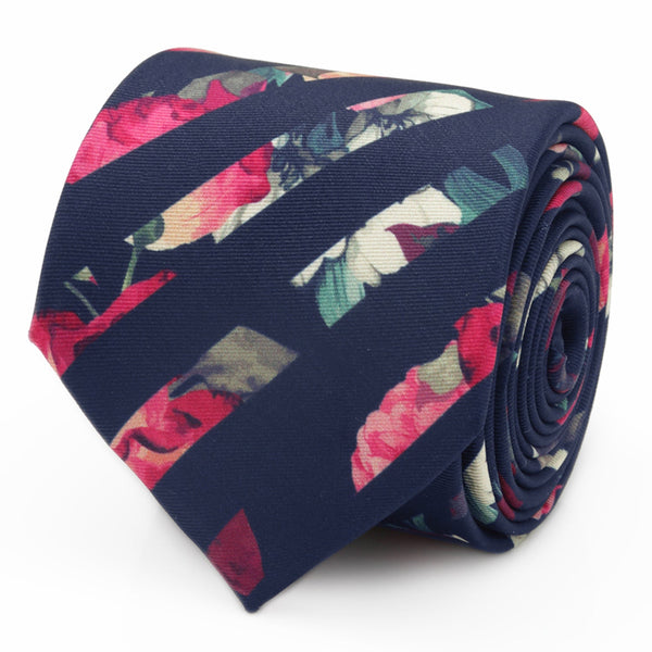 Painted Floral Navy Stripe Silk Men's Tie
 Image 1