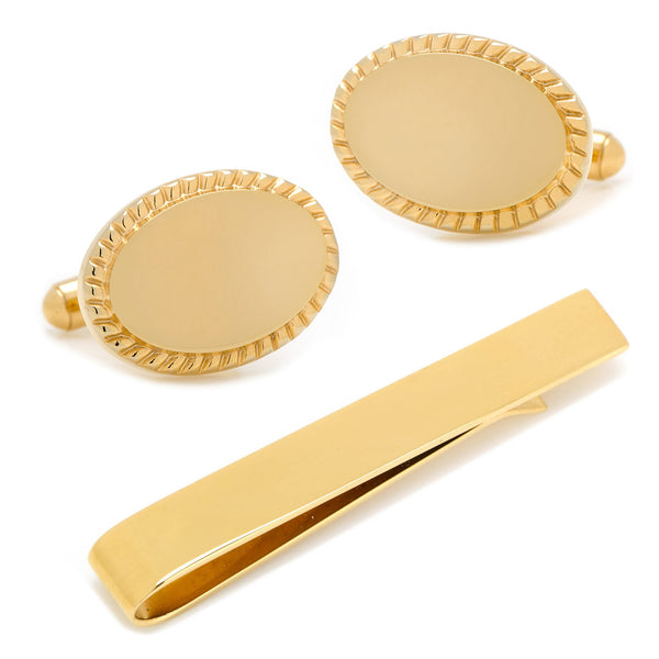 14K Gold Plated Rope Border Oval Cufflinks and Tie Bar Gift Set Image 1