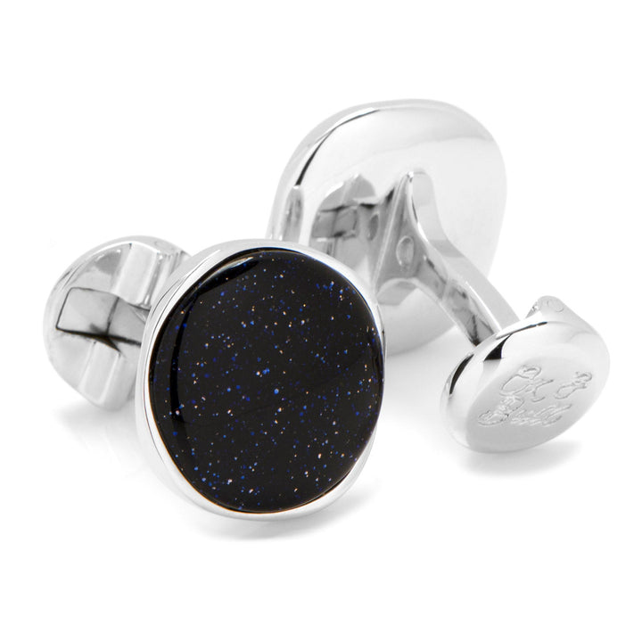 Sterling Silver Classic Round Blue Goldstone Cufflinks Image 2