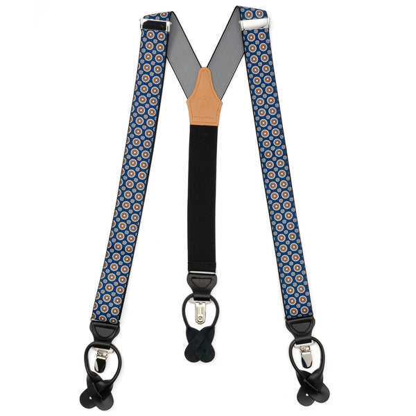 Blue Motif Patterned Clip/Button Suspenders Image 1