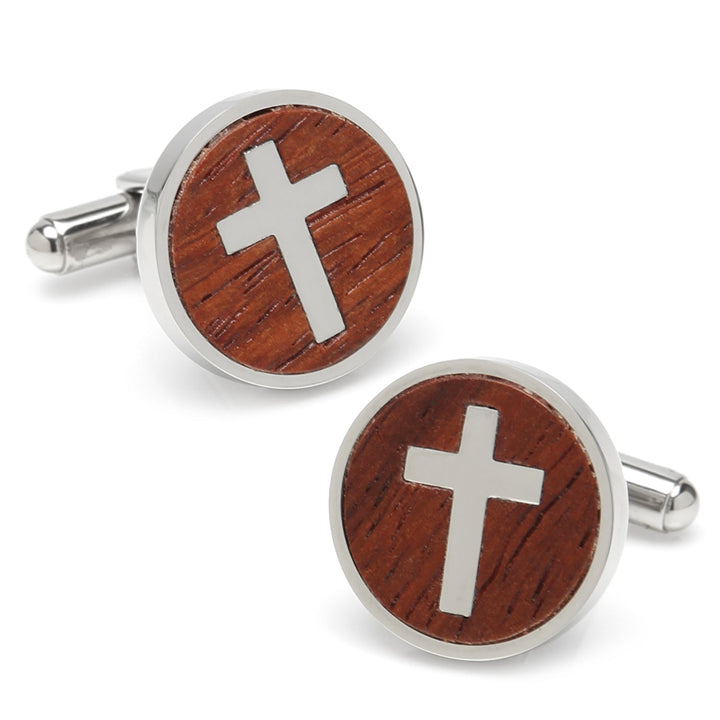 Cross Round Wood Stainless Steel Cufflinks Image 1