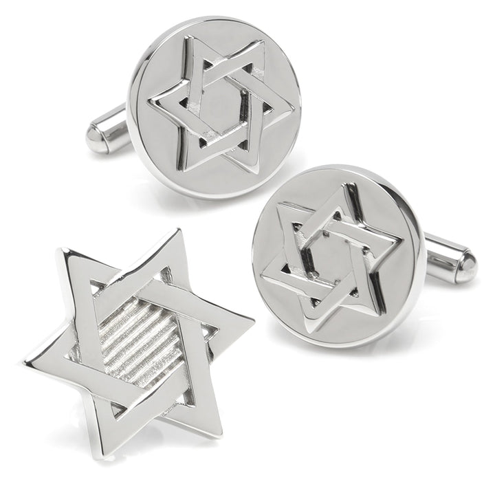 Star of David Stainless Cufflinks Lapel Pin Gift Set Image 1