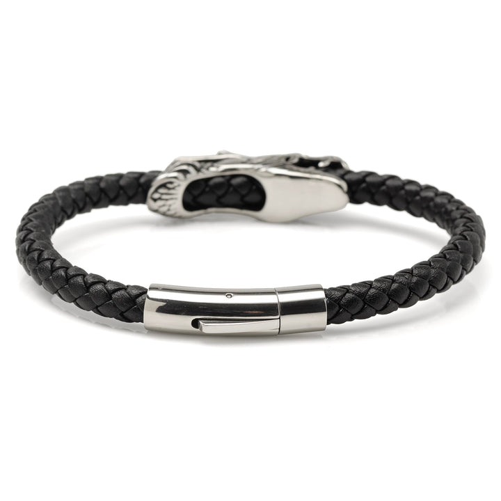 Dragon Head Braided Black Leather Bracelet with Magnetic Closure Image 2
