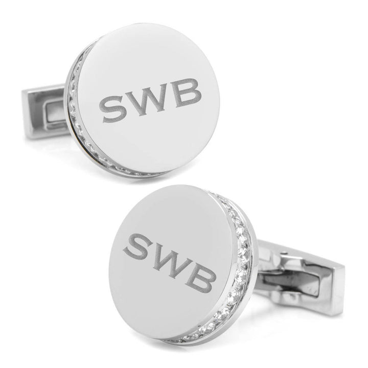 Stainless Steel White Pave Crystal Engravable Cufflinks Image 4