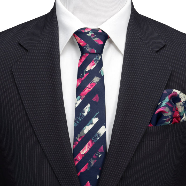 Painted Floral Navy Stripe Silk Men's Tie
 Image 2