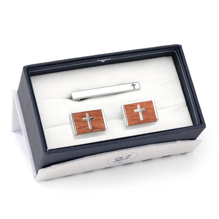 Wood Cross Stainless Steel Cufflinks and Tie Bar Image 2