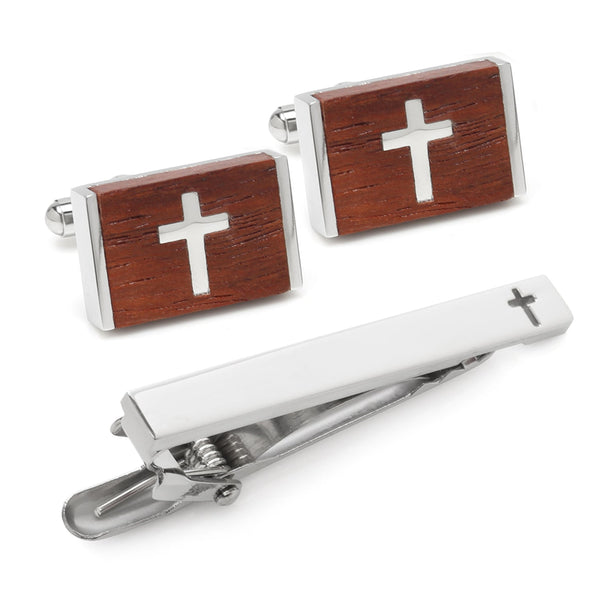 Wood Cross Stainless Steel Cufflinks and Tie Bar Image 1