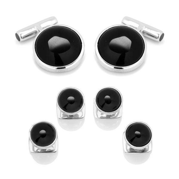 Sterling Silver Ribbed Onyx Cufflinks and Stud sets.  Image 1
