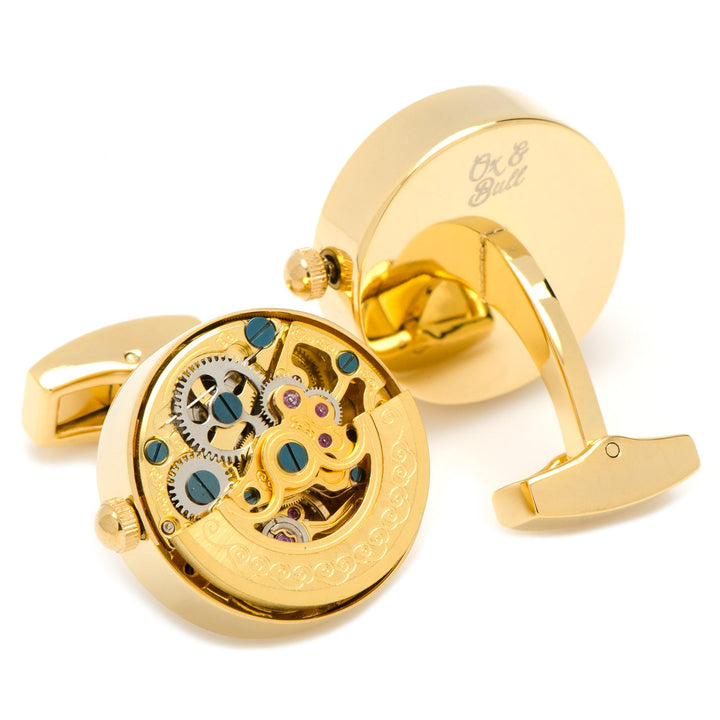 Stainless Steel Gold on Gold Kinetic Watch Movement Cufflinks Image 3